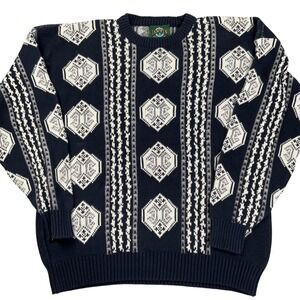 Janzen Sweater Men XLarge Navy Blue White Diamond Grandpa Knit 80s USA Nordic